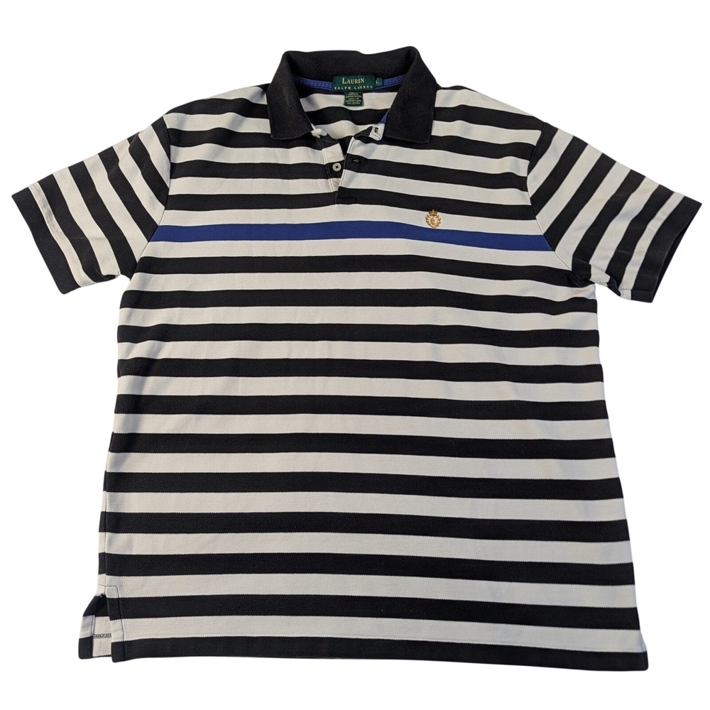 Ralph Lauren Mens Large Striped Polo Shirt Navy & White Crest Logo Short Sleeve